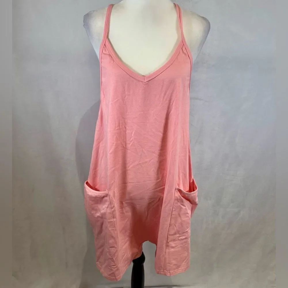 Pink pocketed cotton blend vneck jersey romper size large